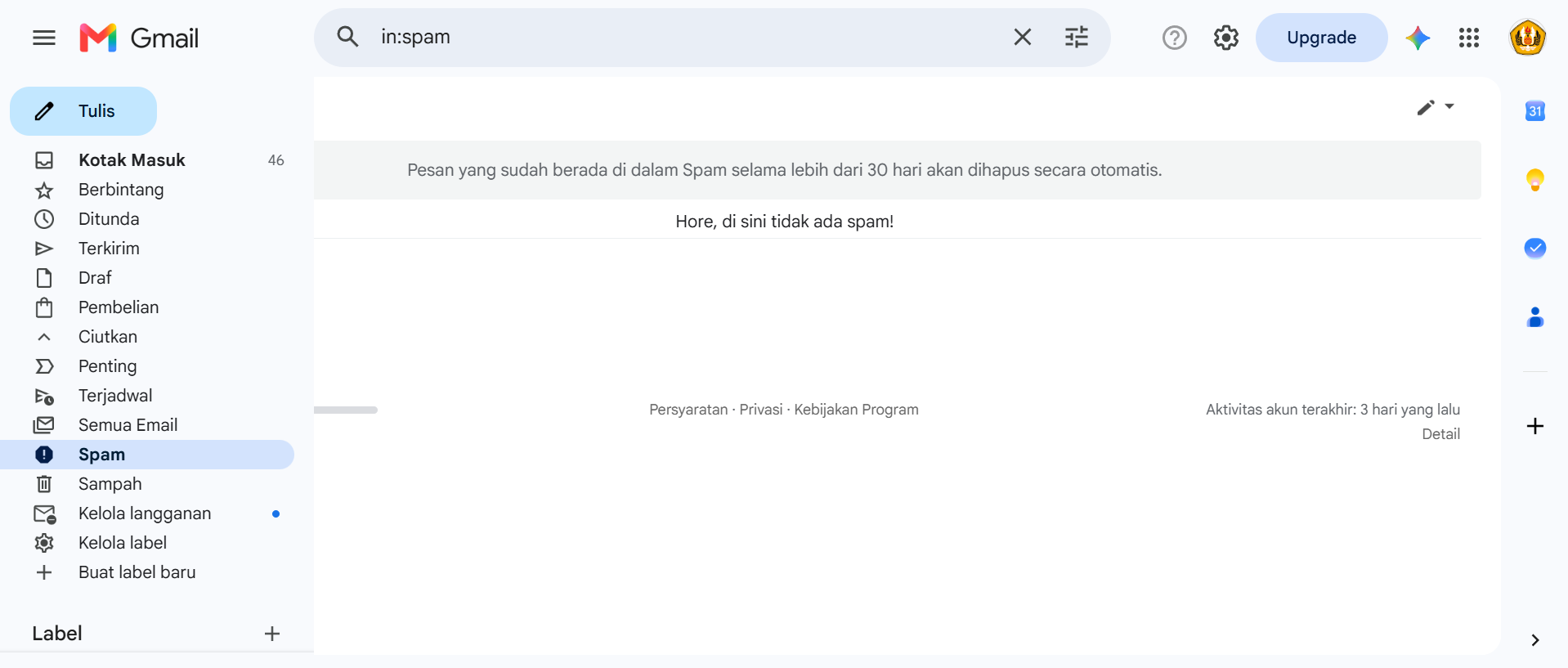 Contoh lokasi folder Spam di email